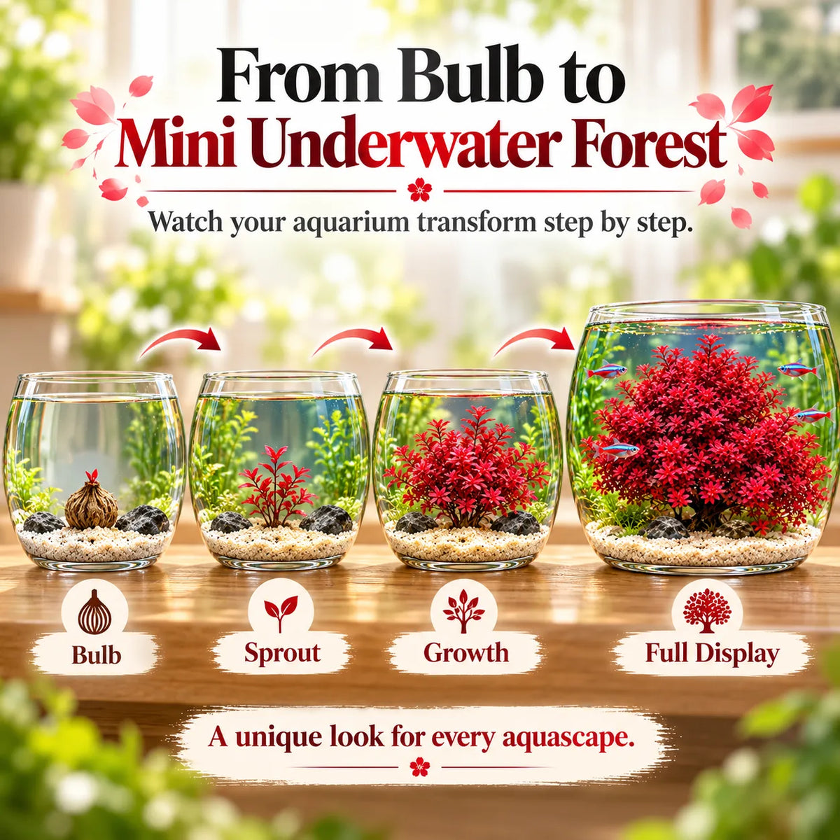 🔥 Crimson Sakura Aquatic Tree Bulbs – Grow a Fiery Underwater Mini Forest